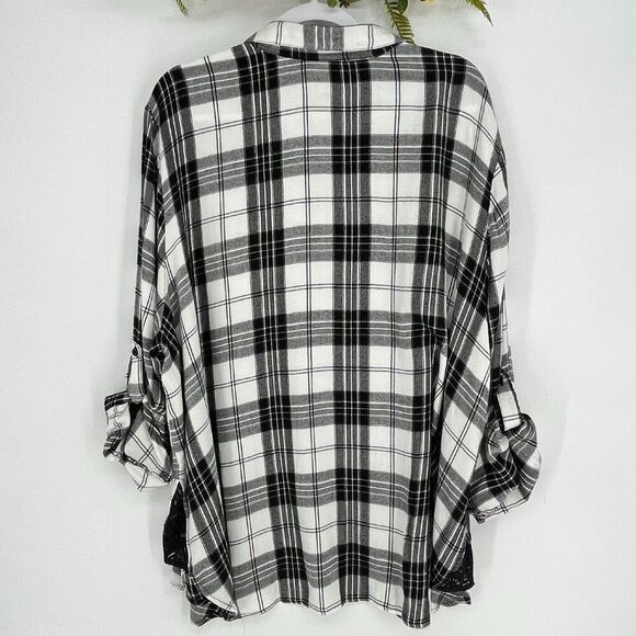 Catherines Plus Size 3X Plaid Button Down Shirt Black White Lace Trim Roll Tab S - Picture 2 of 10
